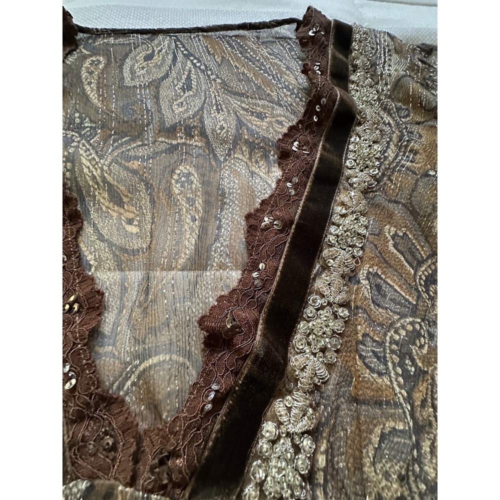 Y2K Bohemian Sheer Blouse Metallic Thread Deep V Velvet Ribbon Trim Sequins READ - Picture 8 of 12